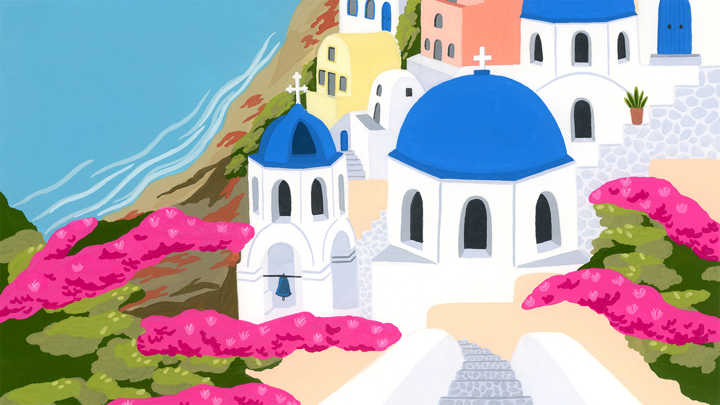 Details of Oia Sunset Santorini Greece Original Gouache Painting