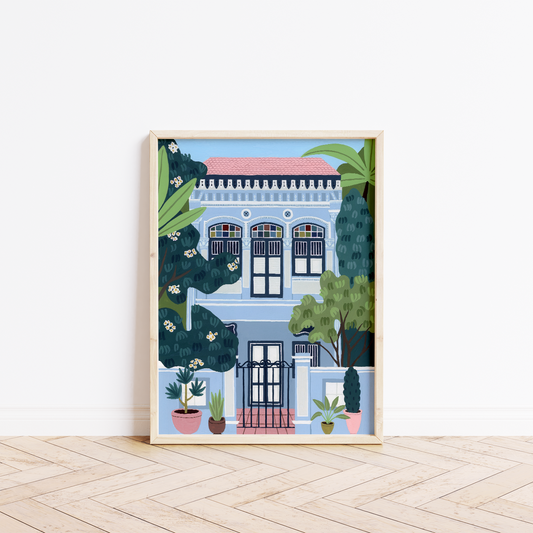 Blue Shophouse Singapore fine art print in a frame