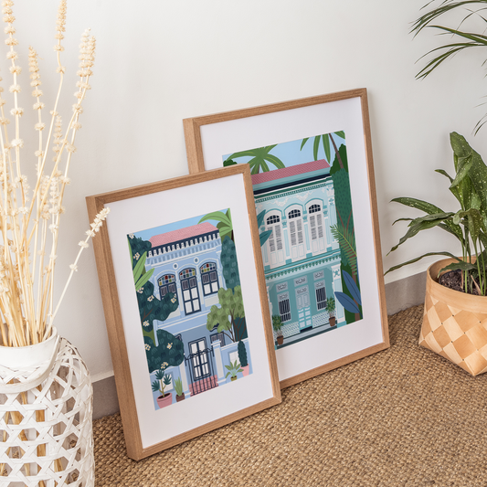 Blue Shophouse Singapore fine art print in a frame