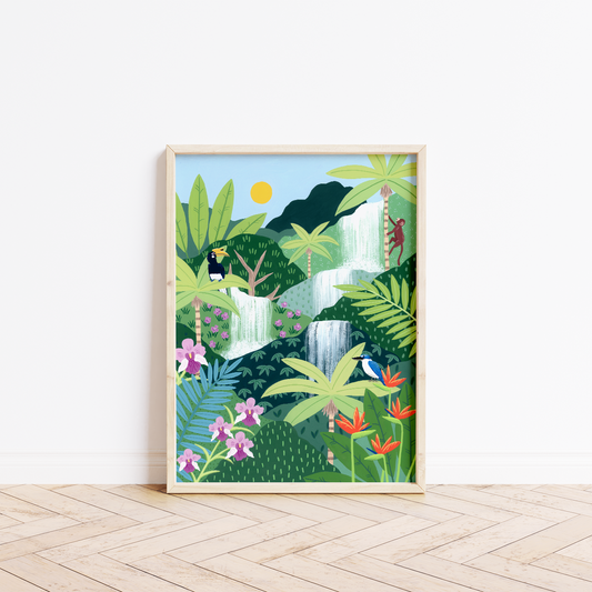 Rainforest falls fine art print in a frame
