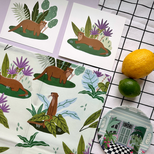 Singapore otters tea towel in sage