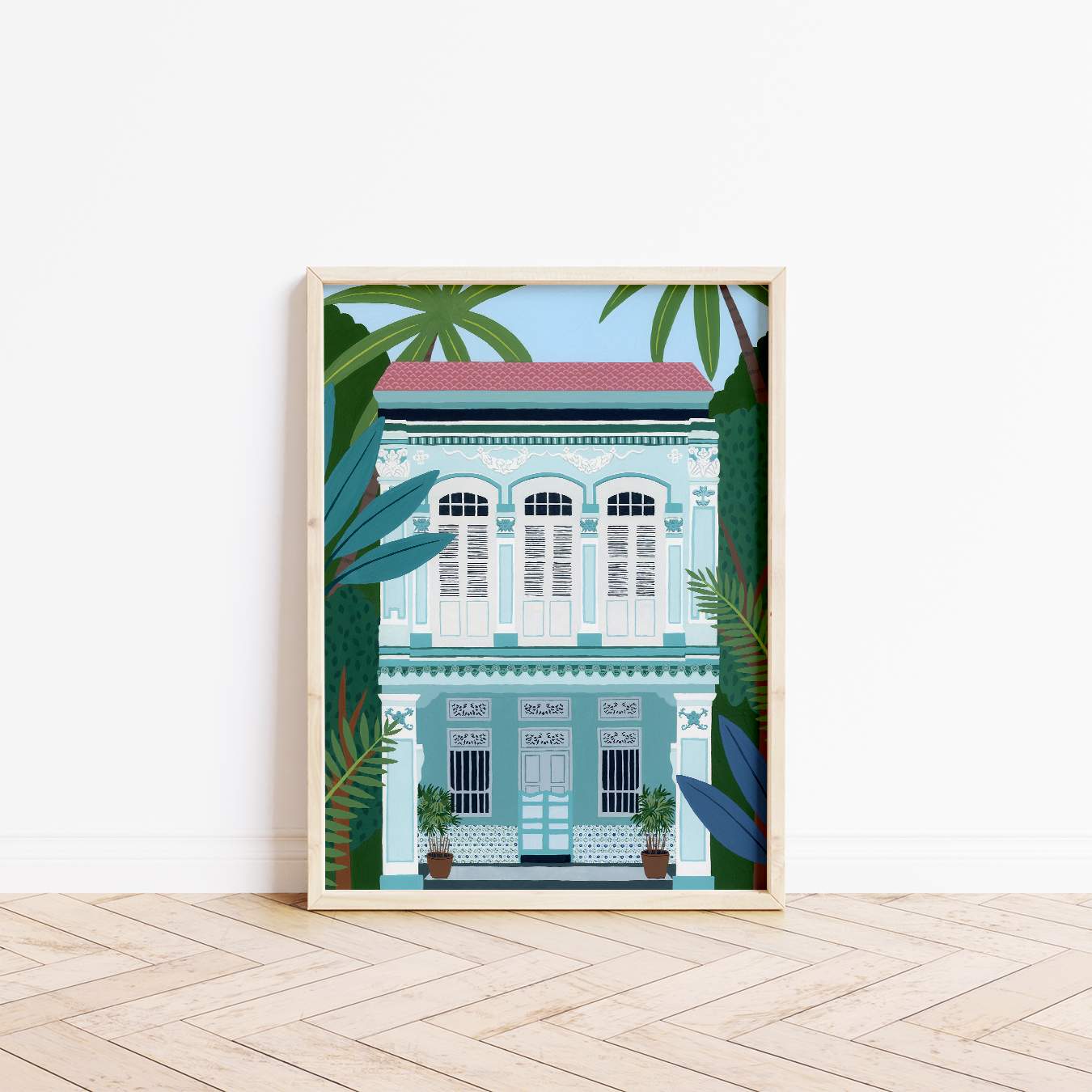 Singapore teal shophouse art print in a frame