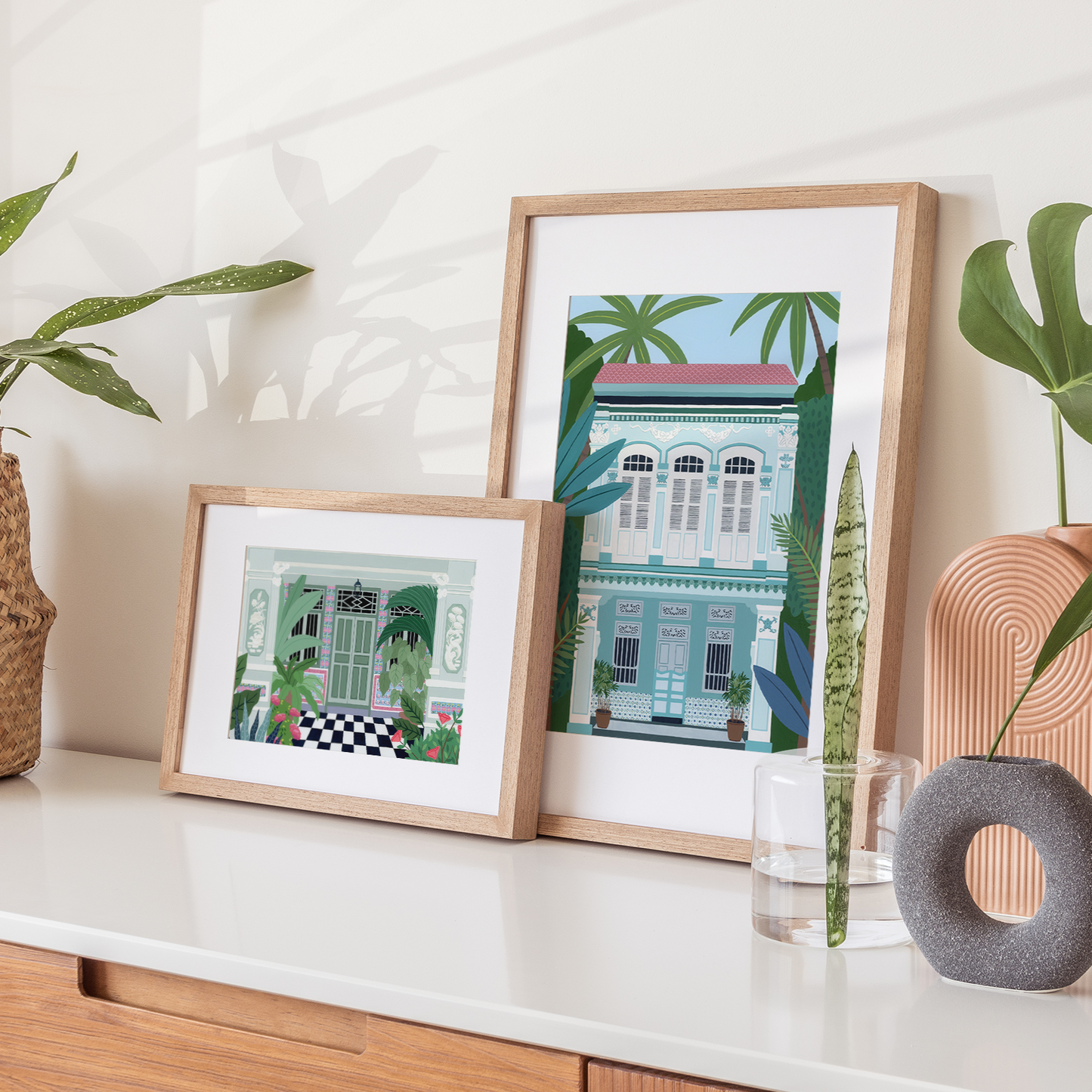 Singapore teal shophouse art print in a frame