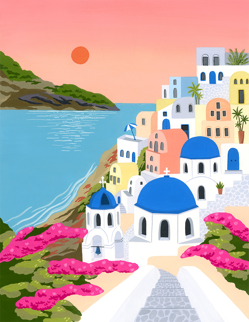 Oia Sunset Santorini Greece Original Gouache Painting