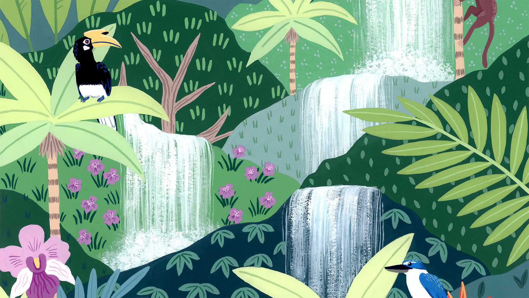  Details of Rainforest Falls Original Gouache Painting