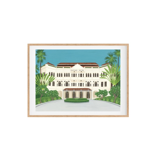 An original gouache illustration painted on 100% superior strength watercolour paper. The painting is on a 12x16 inch sheet with an approximate white border of .5 inches around. Gouache has a unique matte finish which gives this illustration a flat design type finish. This painting was inspired by the iconic Raffles Hotel in Singapore.