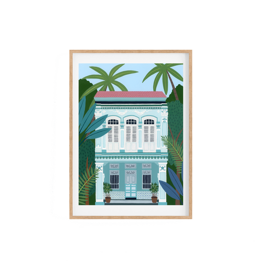 Original painting of the Teal Shophouse on Blair Road in Singapore.