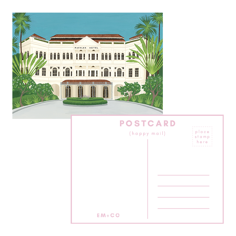 Front of postcard featuring Raffles Hotel and back of Postcard with room for message and address