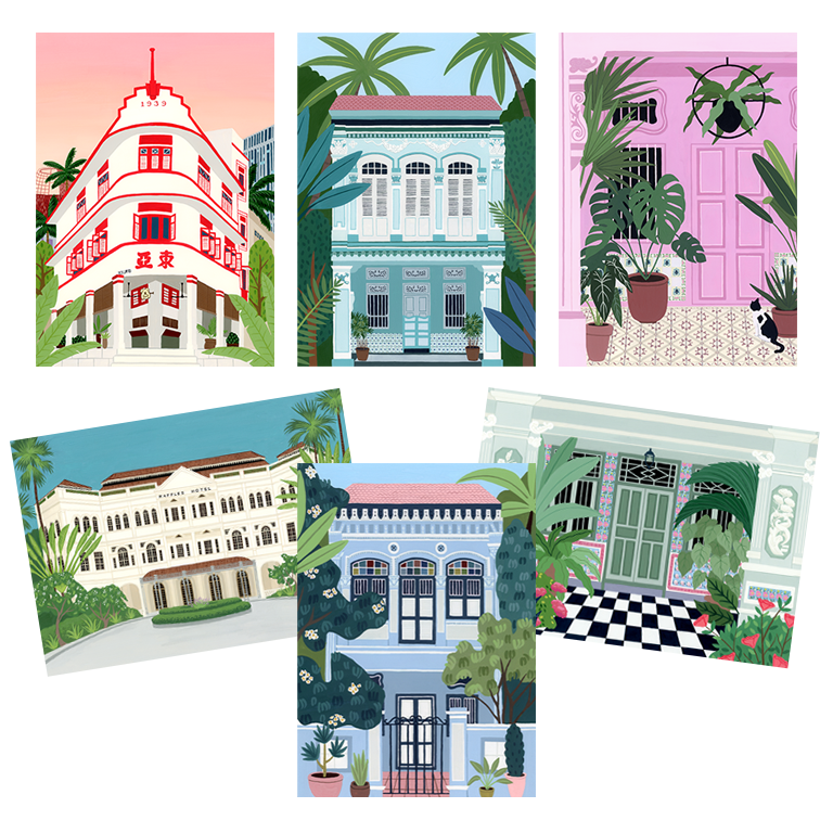 The six unique Singapore artwork designs featured in the Architecture Postcard Set