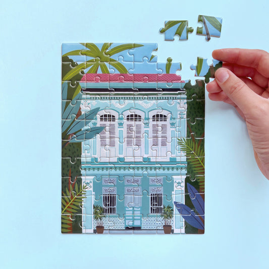 Singapore Shophouse Teal Puzzle Greeting Card