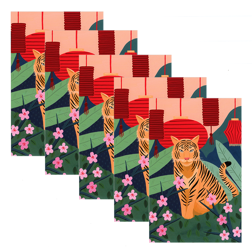 Farewell to the year of the ox, and welcome year of the tiger! These angpao were created from an original Em+Co gouache painting featuring a tiger sitting amongst some cherry blossoms and festive red lanterns.  • Designed in Singapore • 200 gsm • 12 x 7.7cm • Available in singles or pack of 5