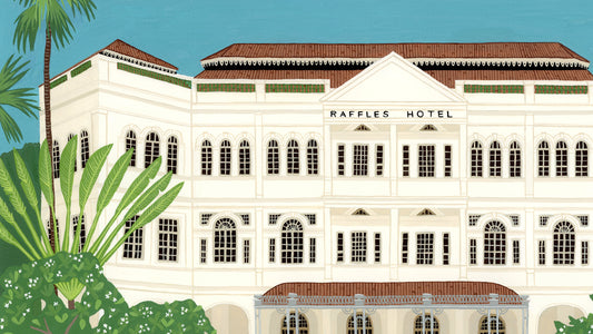 An original gouache illustration painted on 100% superior strength watercolour paper. The painting is on a 12x16 inch sheet with an approximate white border of .5 inches around. Gouache has a unique matte finish which gives this illustration a flat design type finish. This painting was inspired by the iconic Raffles Hotel in Singapore. 